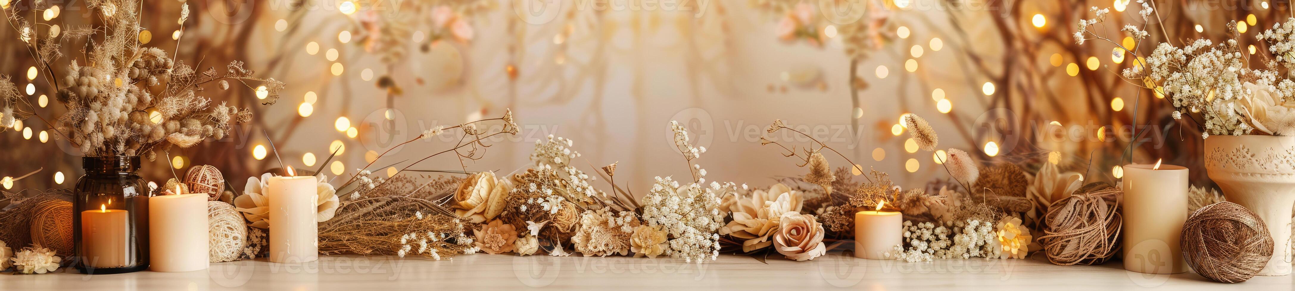 AI generated backdrop for beige boho photoshoot in yellow lights and white flowers photo