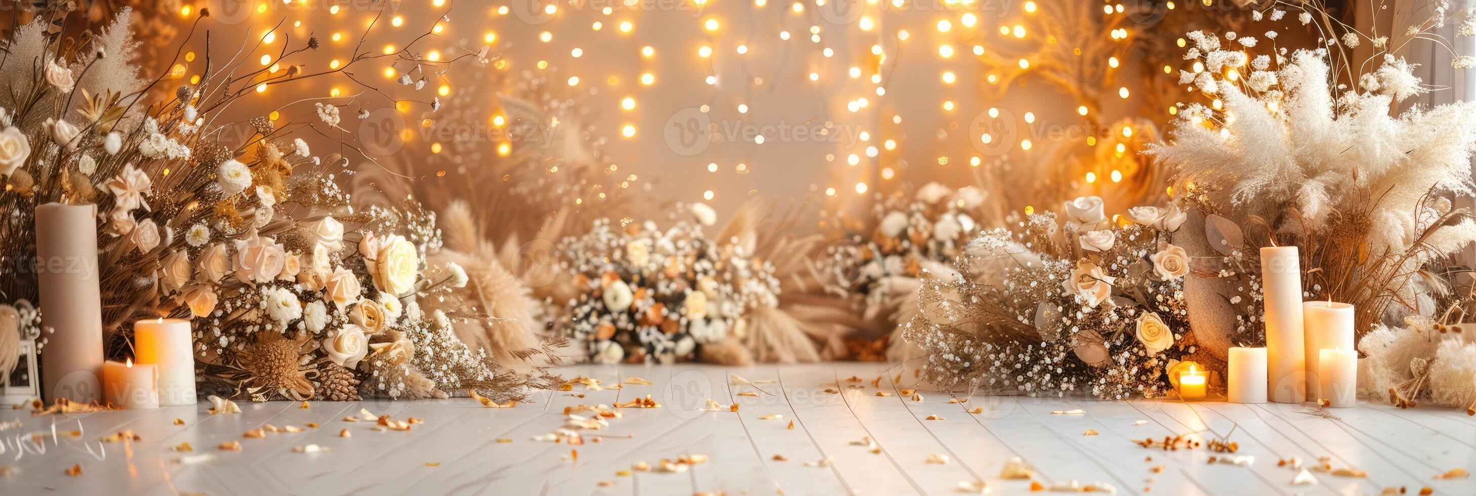 AI generated backdrop for beige boho photoshoot in yellow lights and white flowers photo