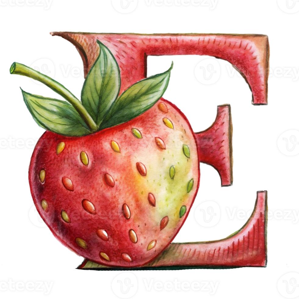 AI generated A stylized letter 'e' is depicted with the texture and color  of a strawberry, complete with seeds png