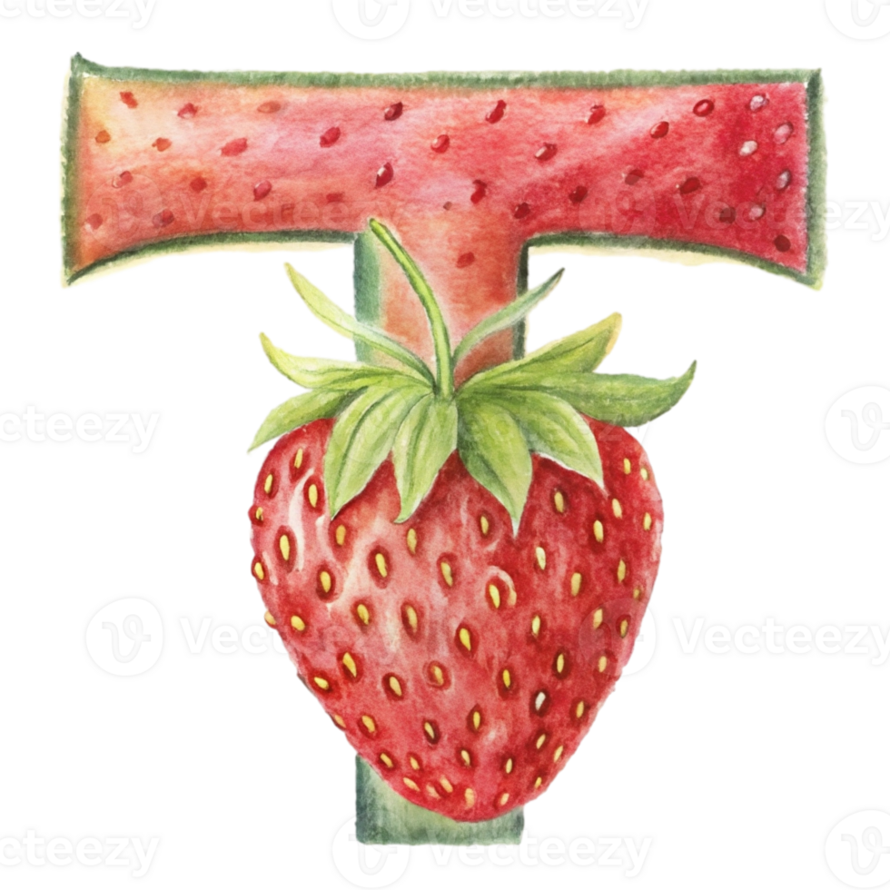 AI generated A stylized letter 't' is depicted with the texture and color  of a strawberry, complete with seeds png