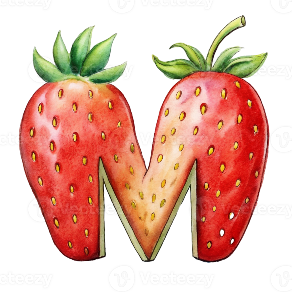 AI generated A stylized letter 'M' is depicted with the texture and color  of a strawberry, complete with seeds png