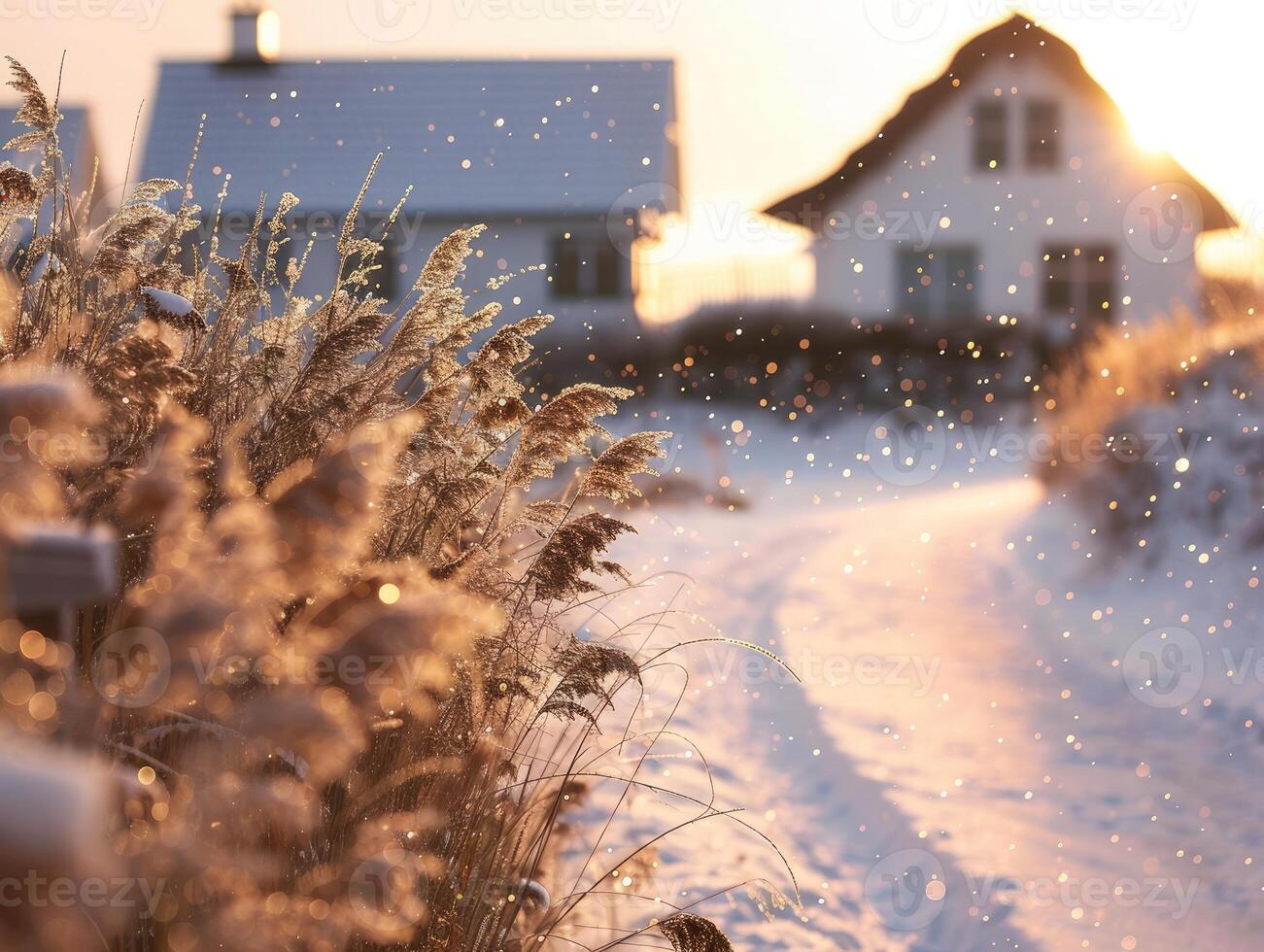 ai generado invierno paisaje a puesta de sol con césped y casa en antecedentes foto