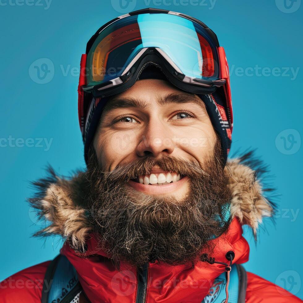 AI generated smiling man with a beard in ski equipment on a blue background photo