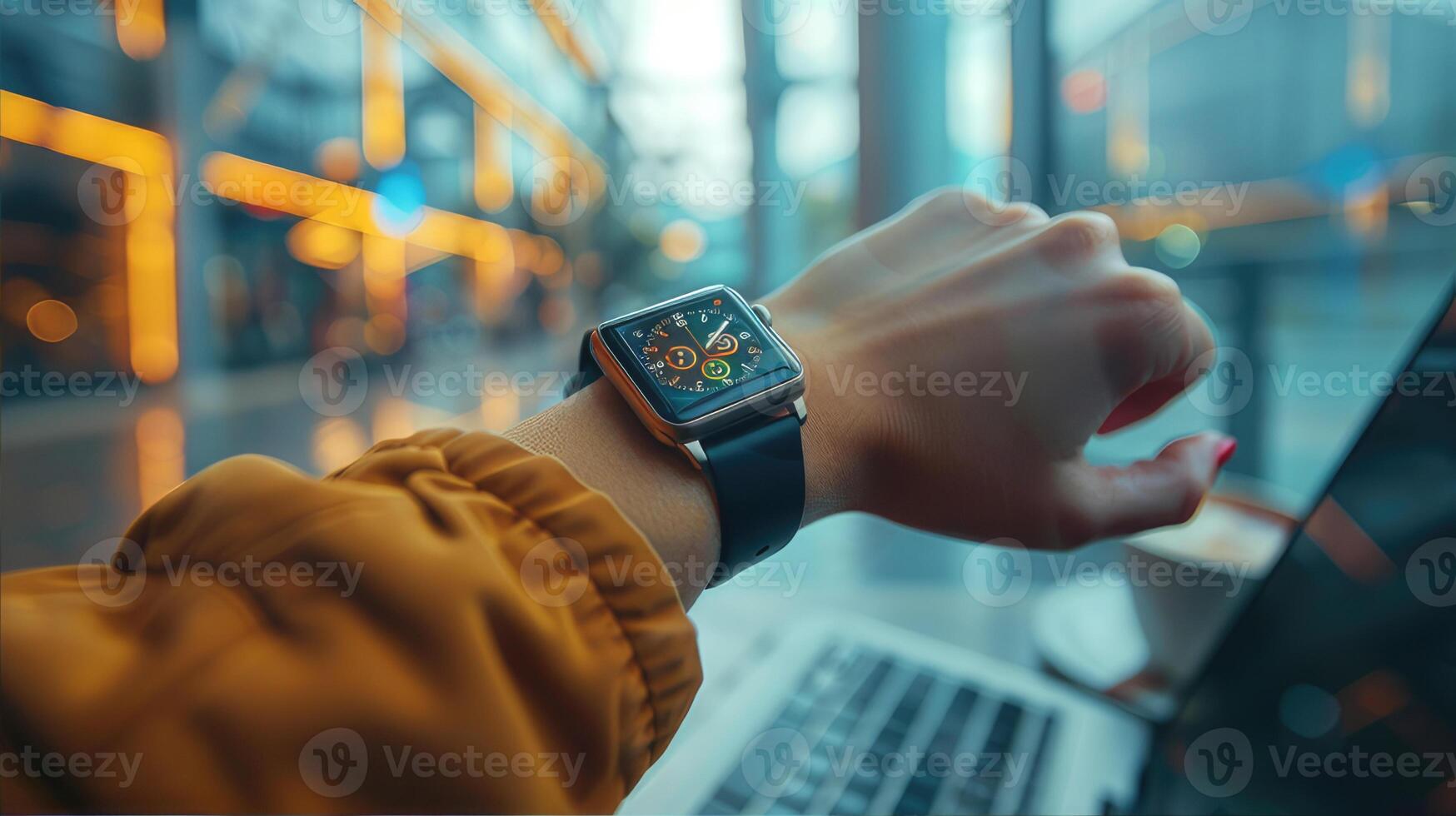 AI generated A lady with an apple watch is using a laptop with an orange screen photo