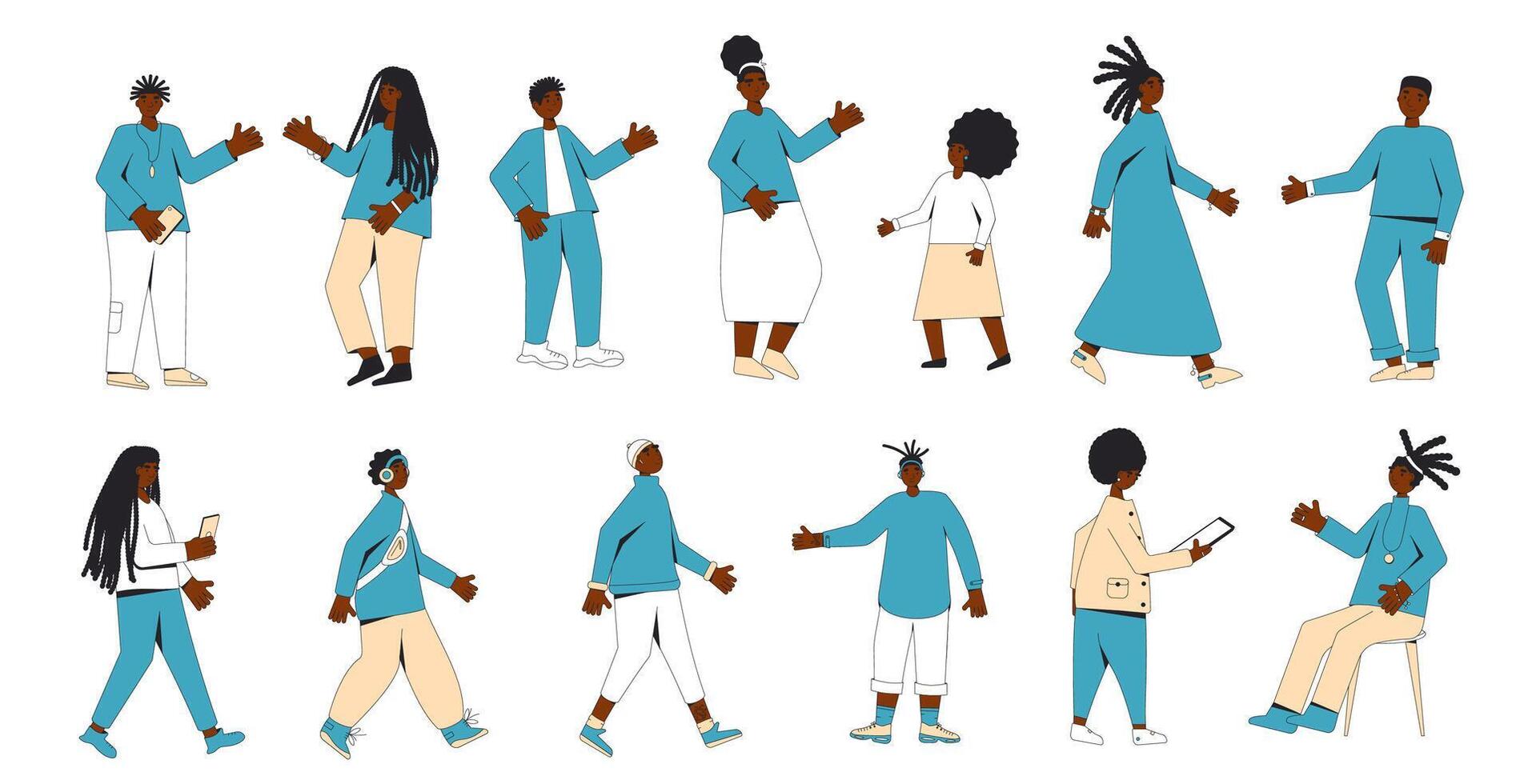 African american teenagers set isolated on a white background. Young female and male character wearing in casual clothes. Boys and girls. Vector line illustration.