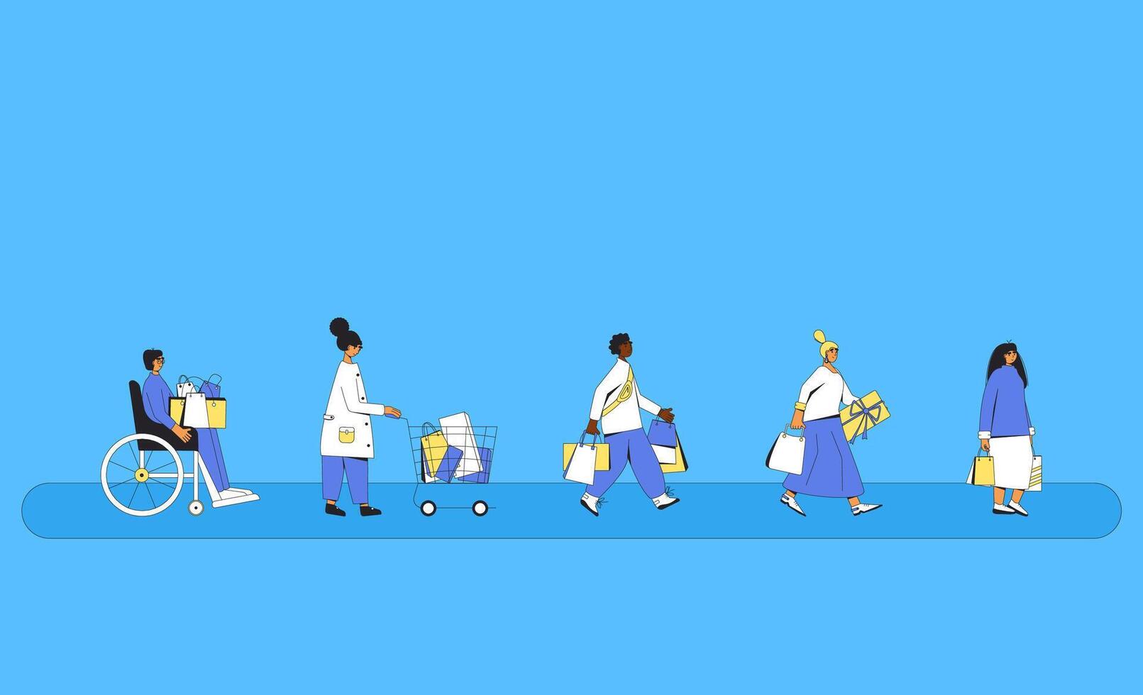 People with shopping bags. Women and men walking with their new goods. vector