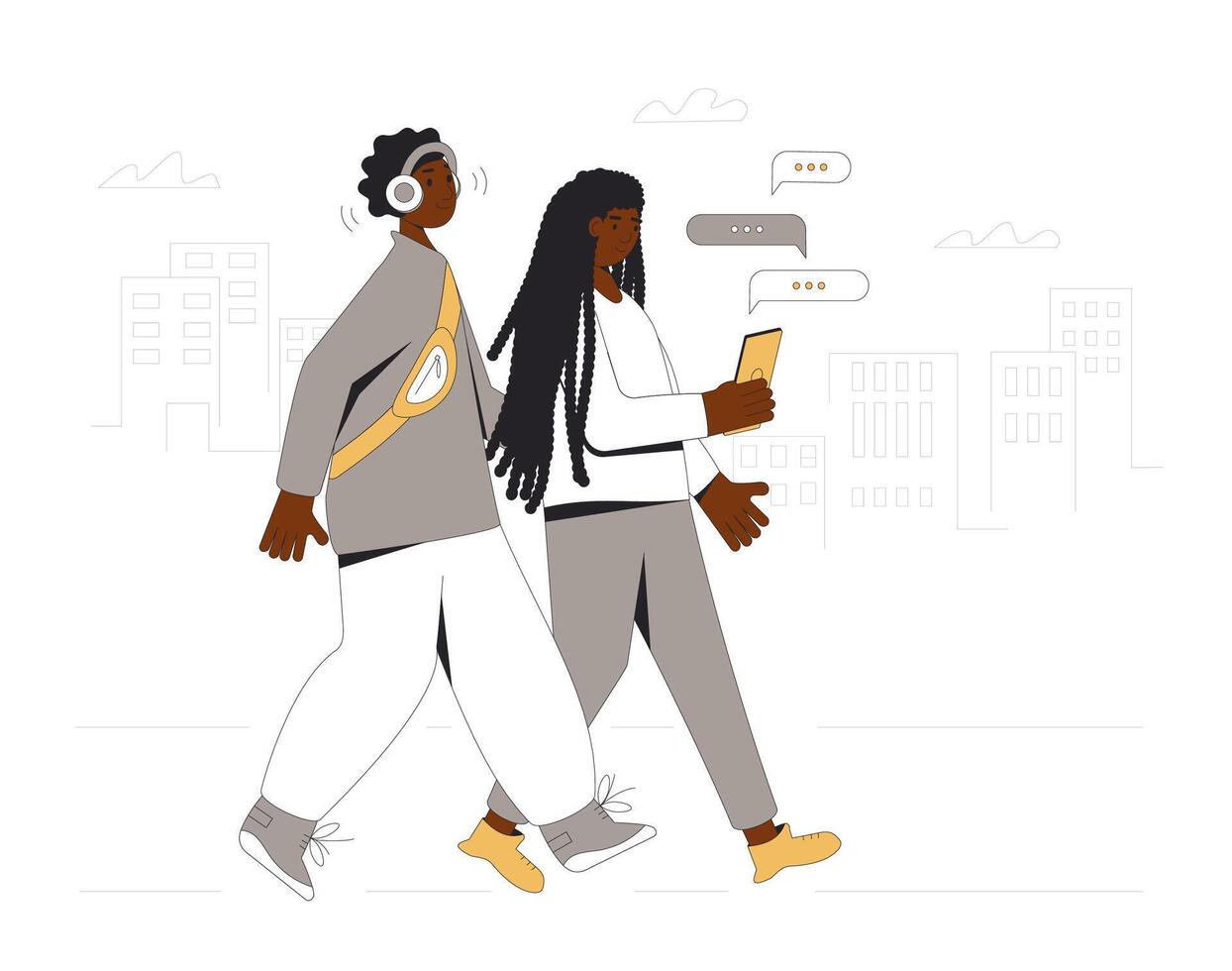 Two african american teenagers walking through the streets together. Young male and female friends wearing in casual clothes with phone and headset. Pair. Vector line illustration.