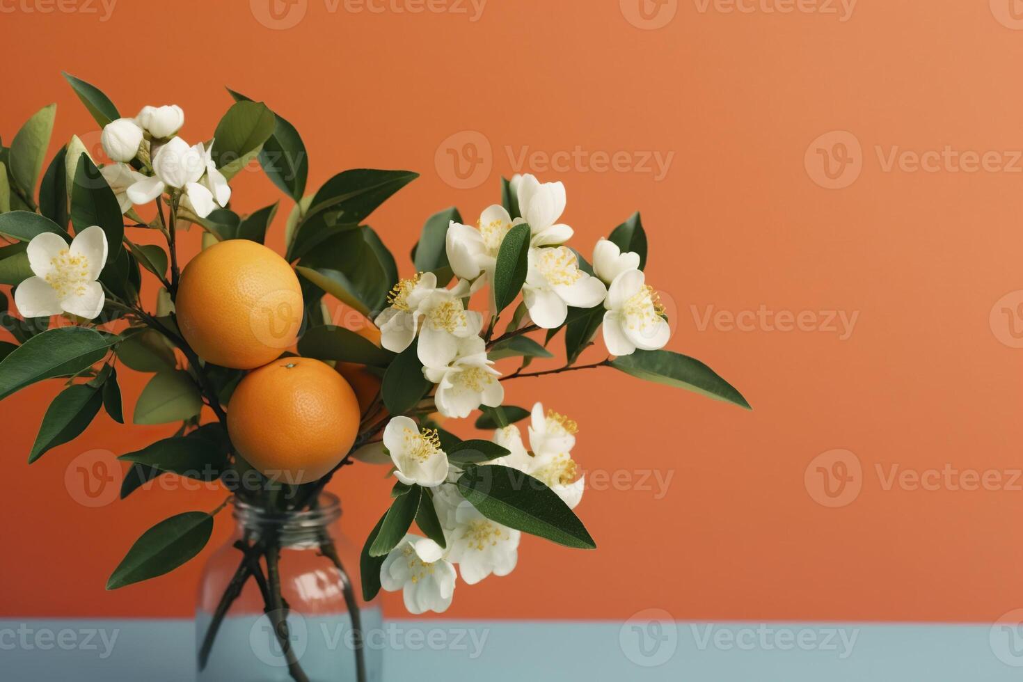 ai generado antecedentes con naranjas en rama y flor, Copiar espacio. foto