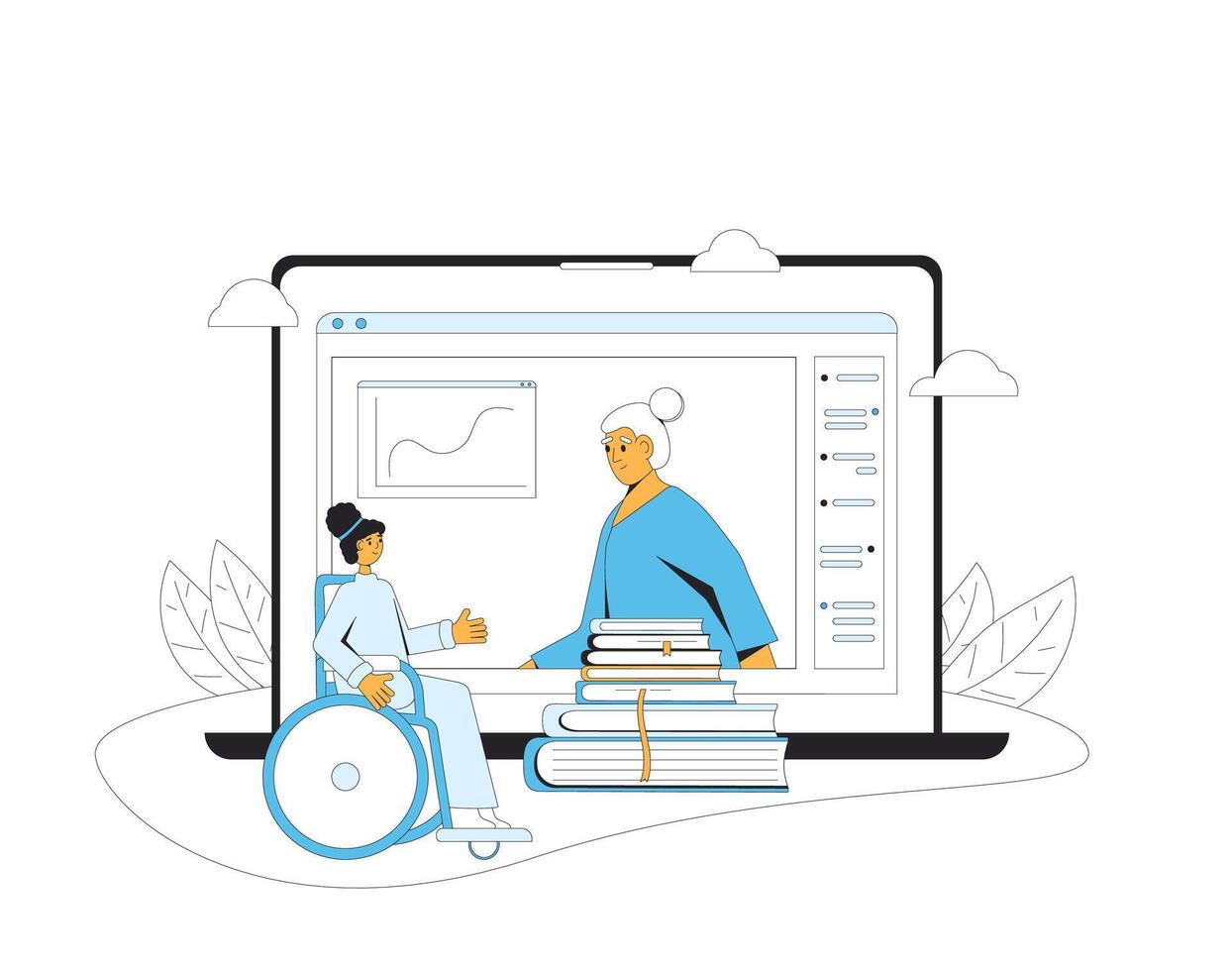 Online education. Wheelchair girl have an online math class. Digital learning on computer screen. Internet webinar or online video training, course. Vector  illustration.