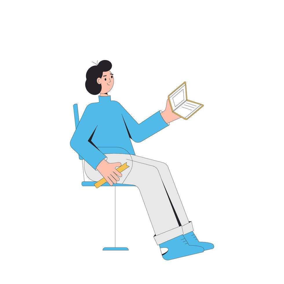 joven hombre sentado con libro aislado en blanco antecedentes. literatura admirador. libros amante. adolescente leyendo un Mejor vendido. vector ilustración.