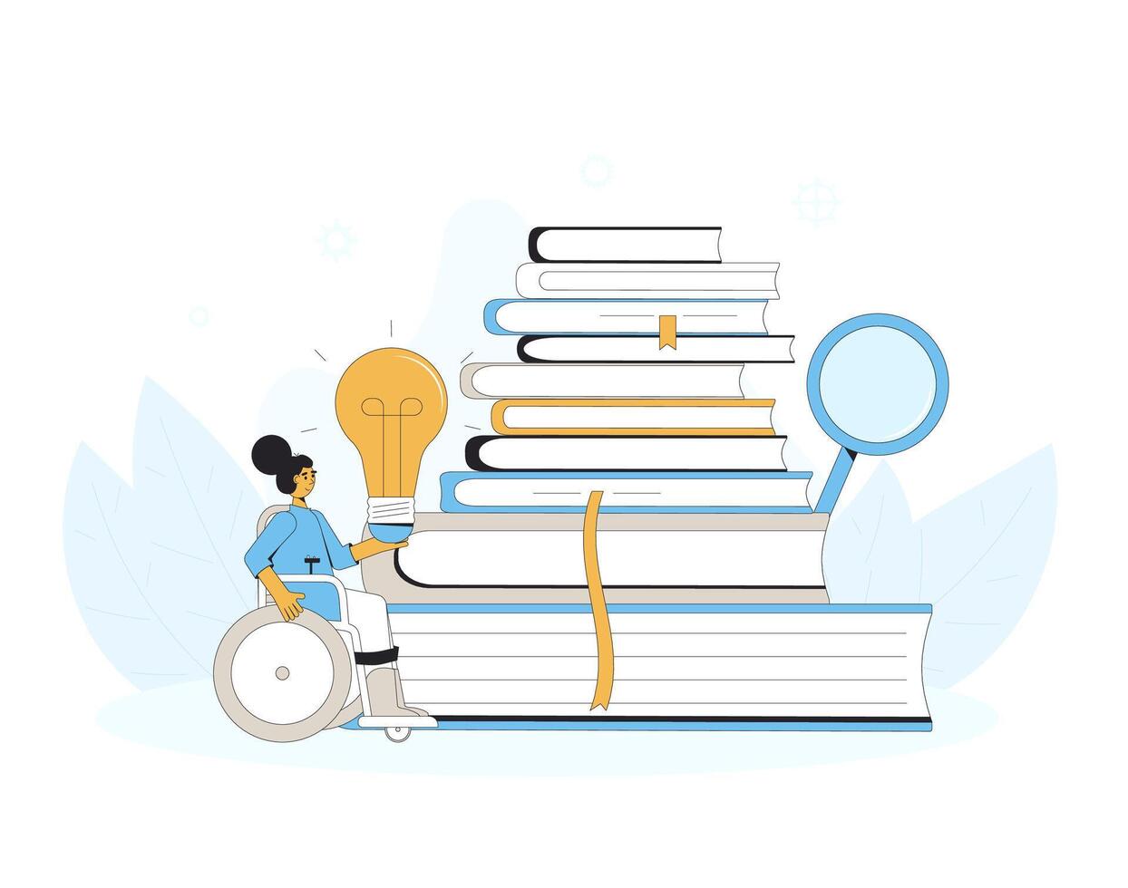 Inclusion education and learning. Knowledge. Scientific research.  Disabled wheelchair student with books. Exam preparation. Vector illustration.