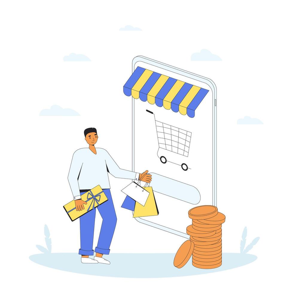 Online shopping. person with huge smartphone and shopping bags. vector