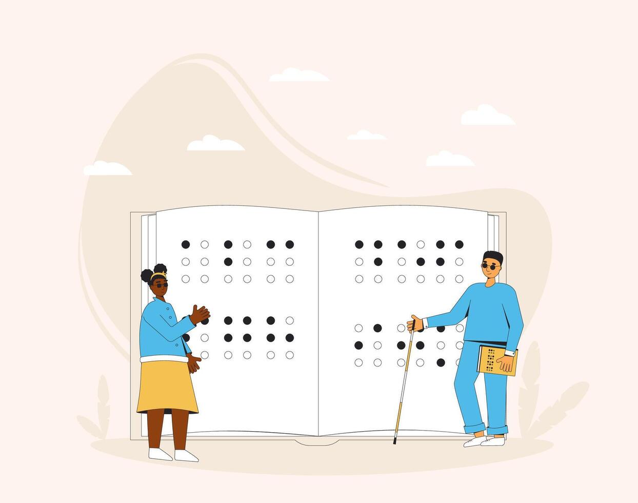 Braille literacy. Blind teenagers with huge book. Young people with disability reading. vector