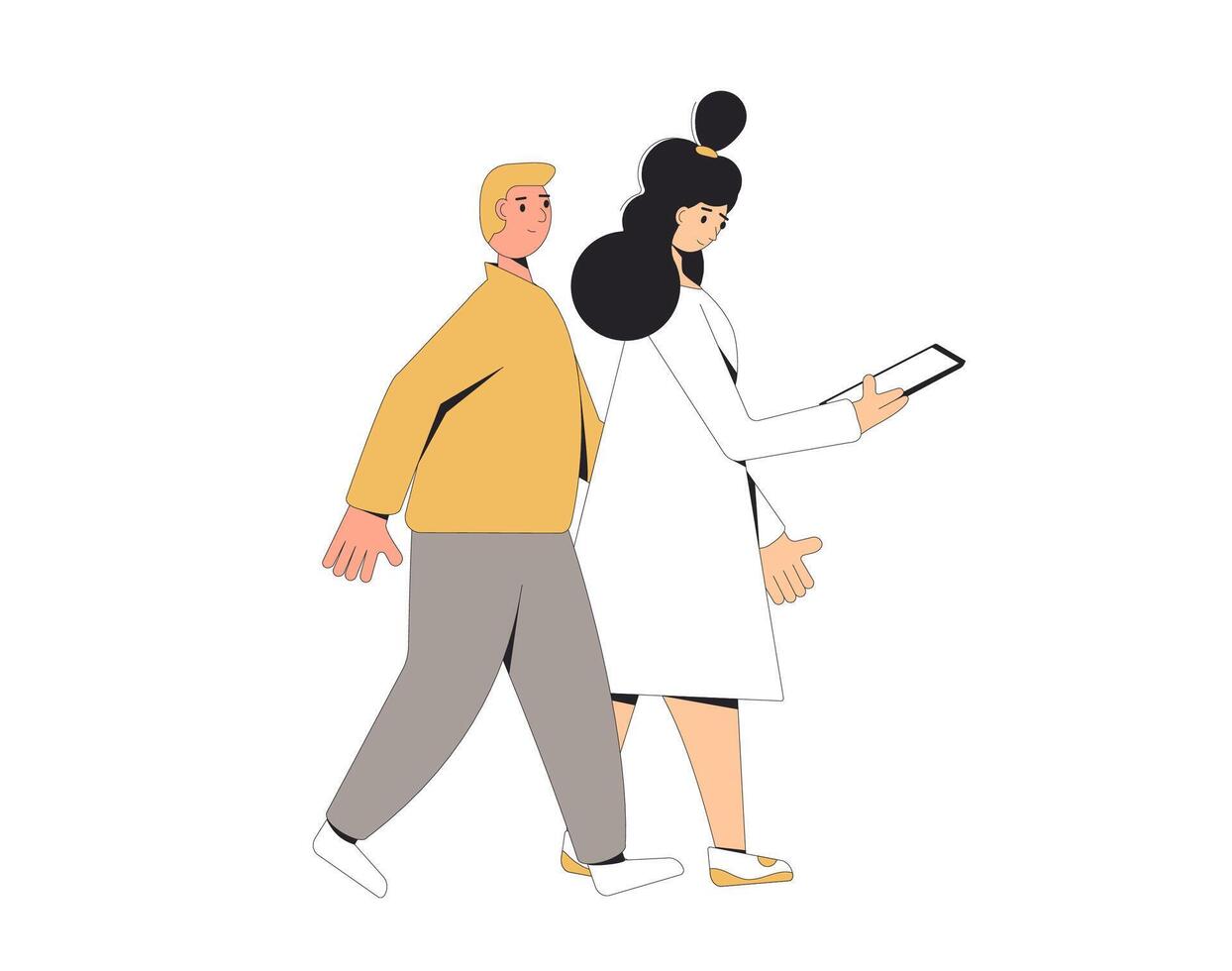 Two teenagers walking together isolated on white background. Young male and female friends wearing in casual clothes with phone. Pair. Vector  line illustration.