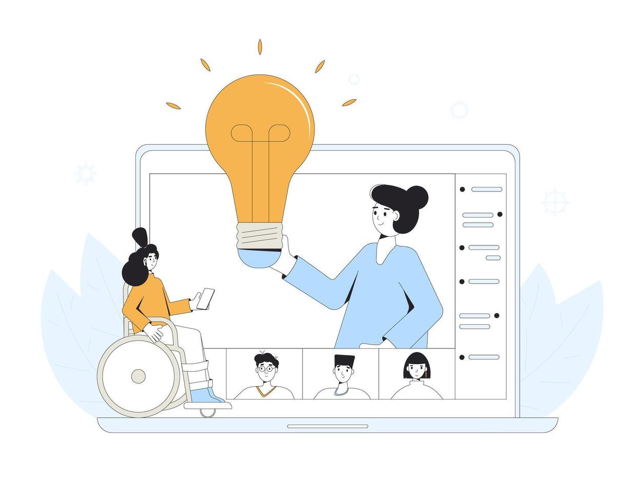 Home schooling. Online group diverse education for teenagers. Digital inclusion learning. Young student in wheelchair in virtual classroom have a lesson. Video course. Vector concept illustration.