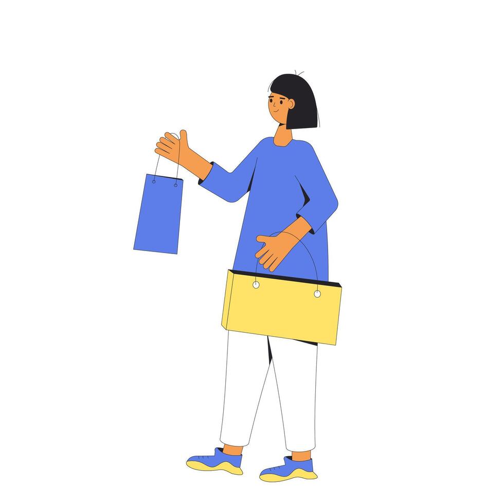 Young woman with shopping bags. Female person standing and holding her purchases. vector