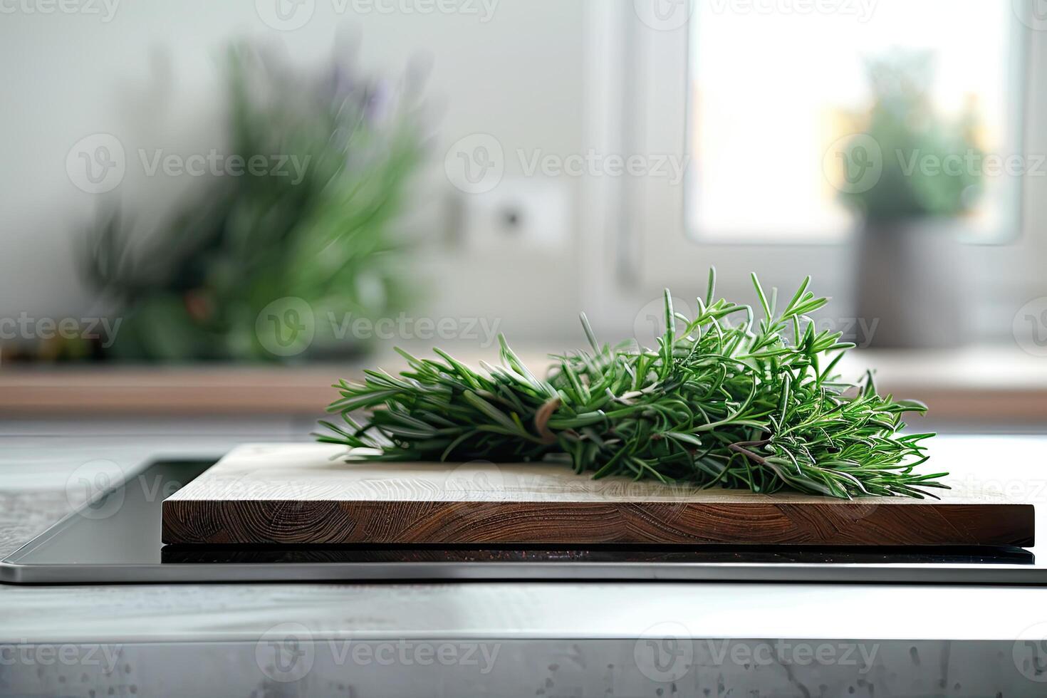 AI generated white minimal kitchen and bundles of green rosemary photo