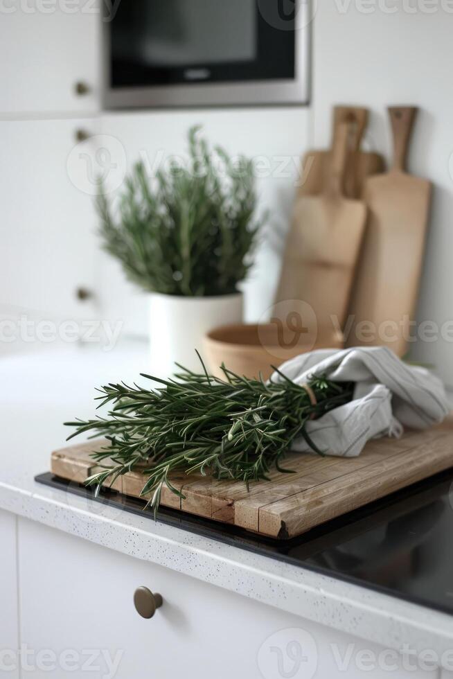 AI generated white minimal kitchen and bundles of green rosemary photo