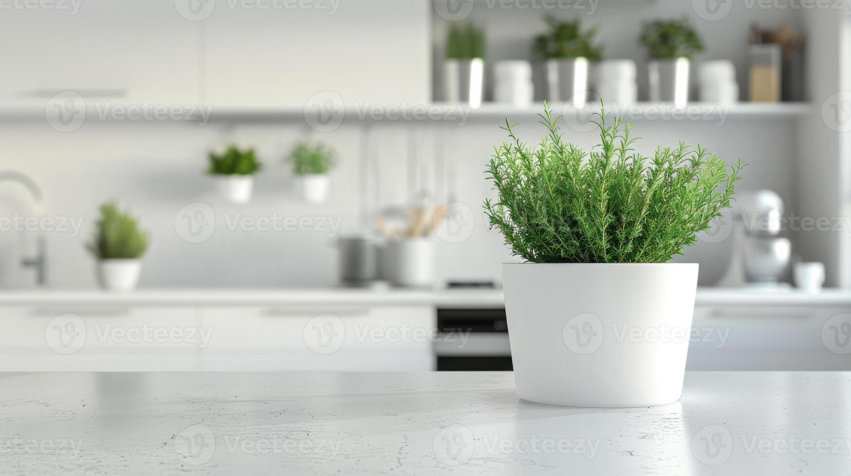 AI generated white minimal kitchen and bundles of green rosemary photo