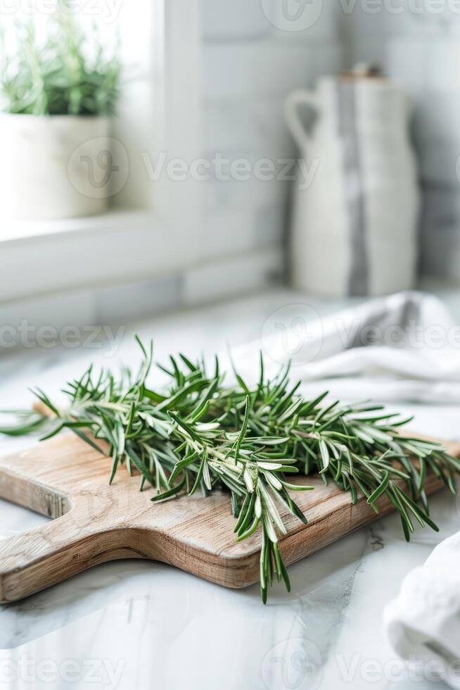 AI generated white minimal kitchen and bundles of green rosemary photo