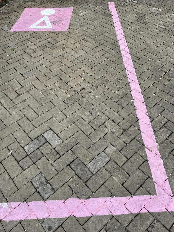 Paving block parking with unique pink parking lines and symbol in rest areas photo