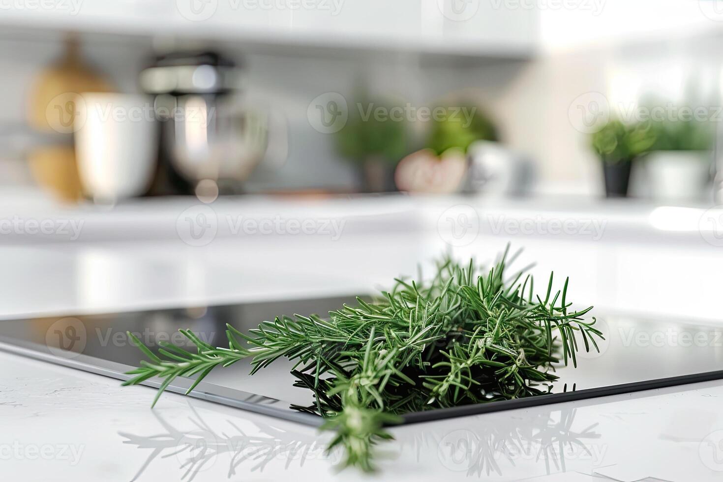 AI generated white minimal kitchen and bundles of green rosemary photo