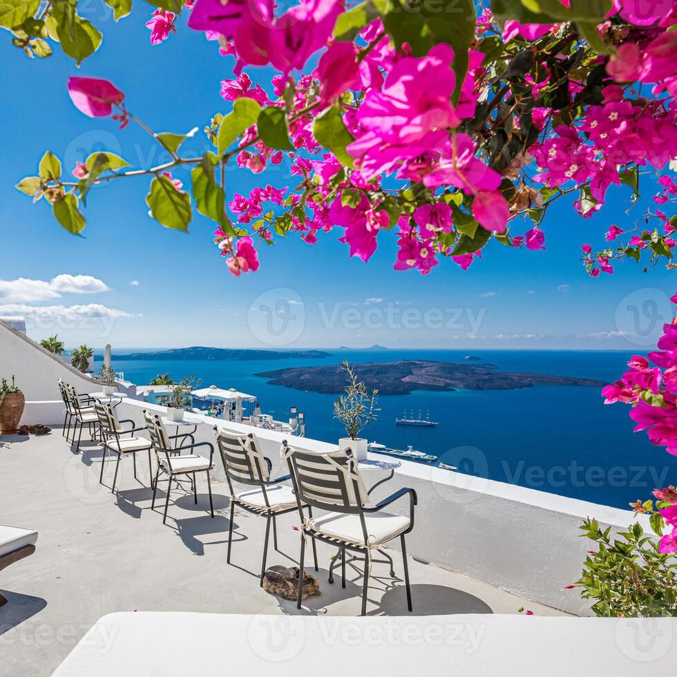 Beautiful panoramic landscape of Santorini island, Oia luxury resort and blue sea sea view with white architecture. Famous travel destination, amazing scenery with pools and luxurious Europe tourism photo