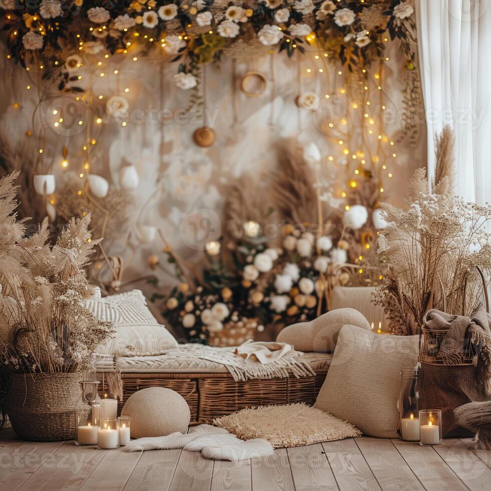 AI generated backdrop for beige boho photoshoot in yellow lights and white flowers photo