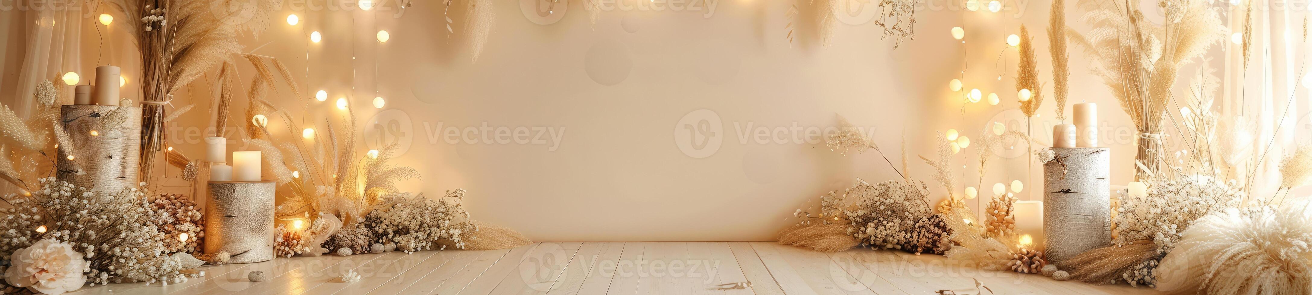 AI generated backdrop for beige boho photoshoot in yellow lights and white flowers photo