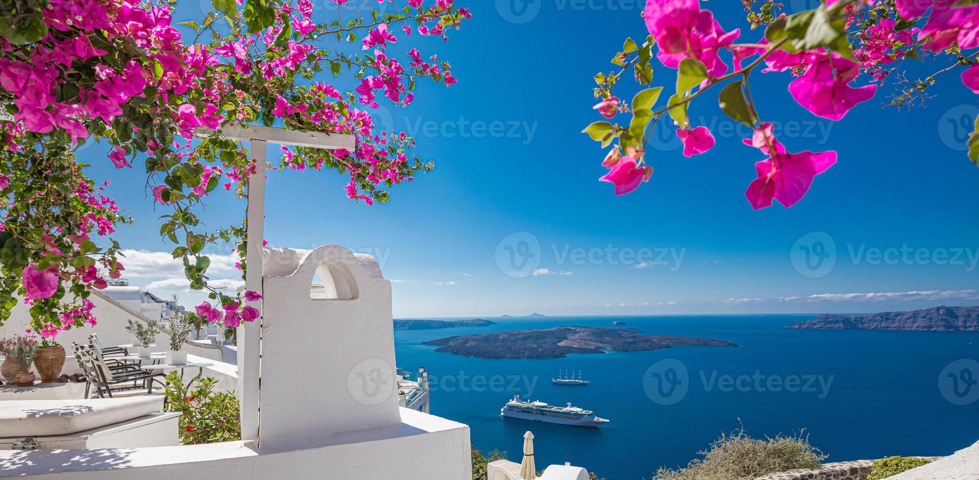 Beautiful panoramic landscape of Santorini island, Oia luxury resort and blue sea sea view with white architecture. Famous travel destination, amazing scenery with pools and luxurious Europe tourism photo