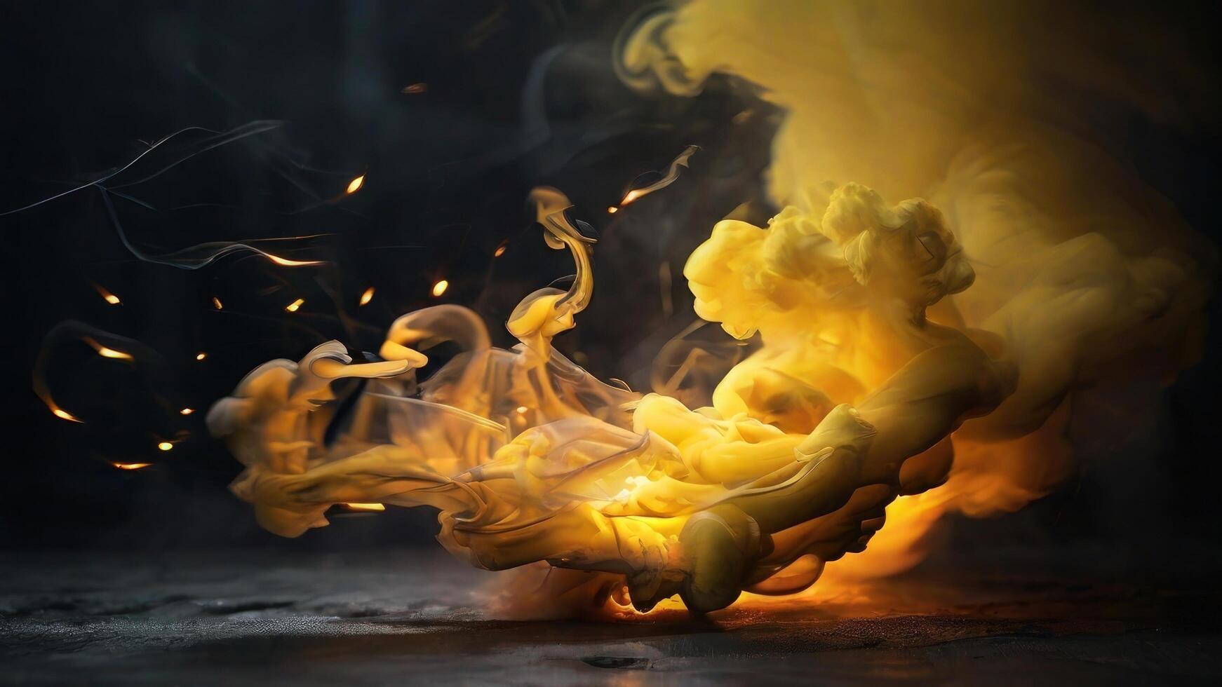 AI generated Yellow colored smoke on a black background photo