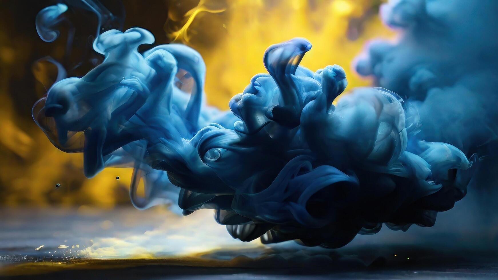 AI generated Yellow and blue colored smoke on a black background photo