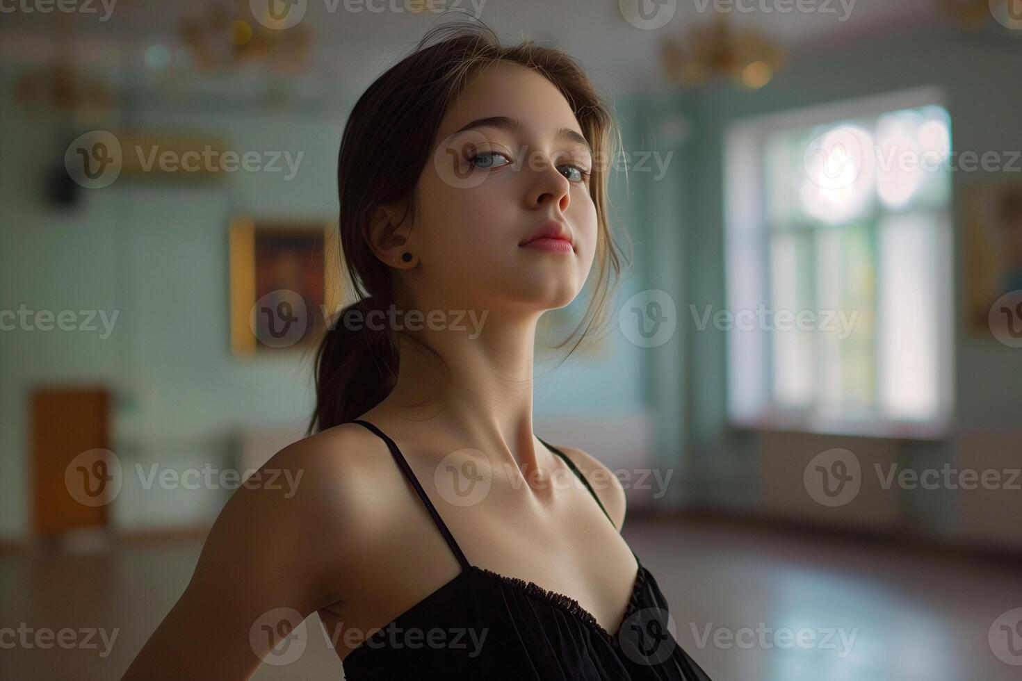AI generated a young girl standing in dance studio wearing chiffon top photo