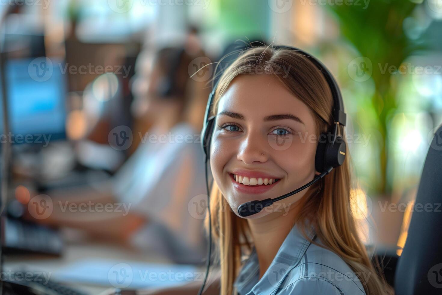 AI generated Happy smiling female customer service employee wearing a headset working in an office photo