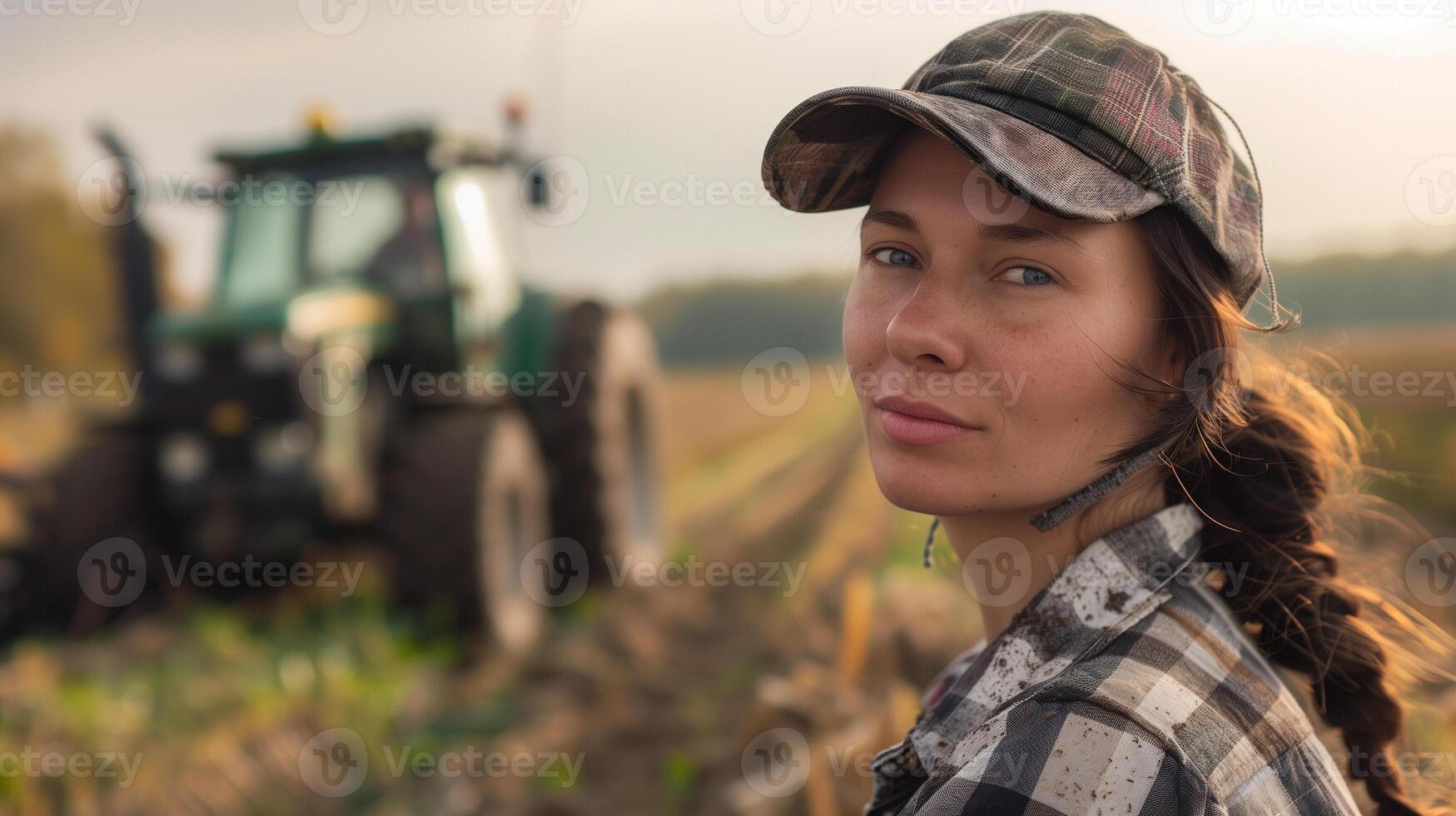 AI generated beautiful female farmer in a cap with a tractor in the background photo