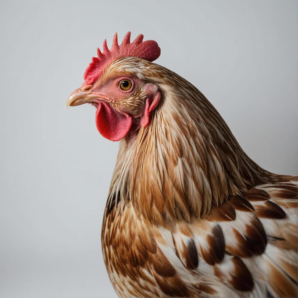 un cerca arriba de un gallo con un blanco y marrón cabeza foto