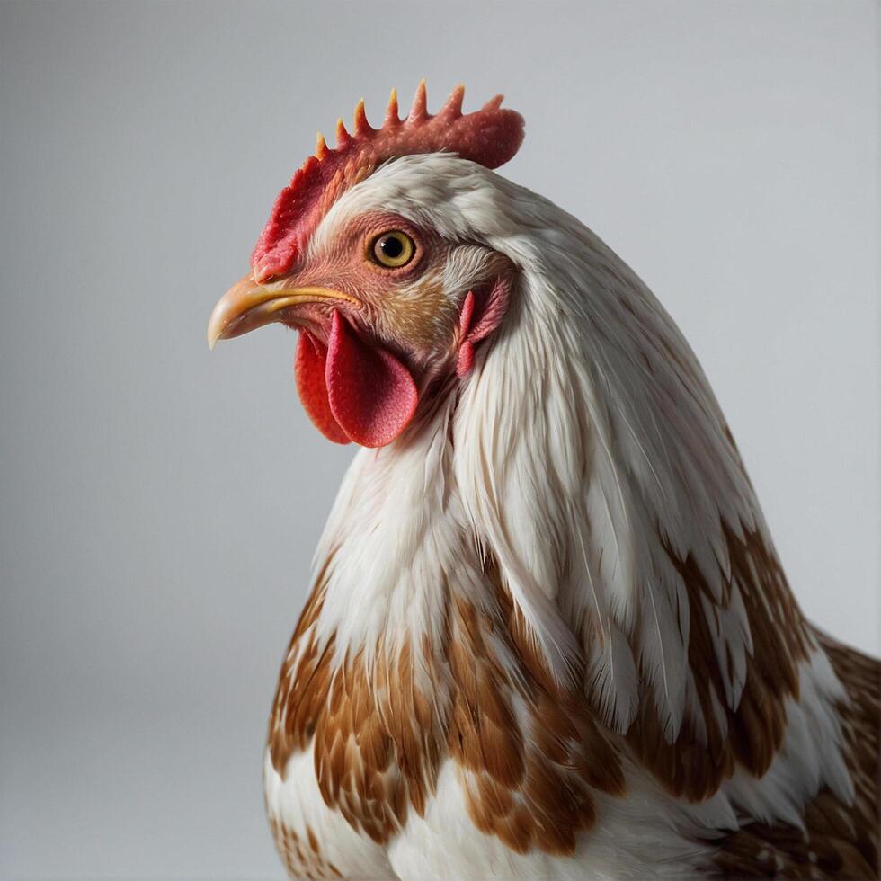 a close up of a rooster with a white and brown head photo