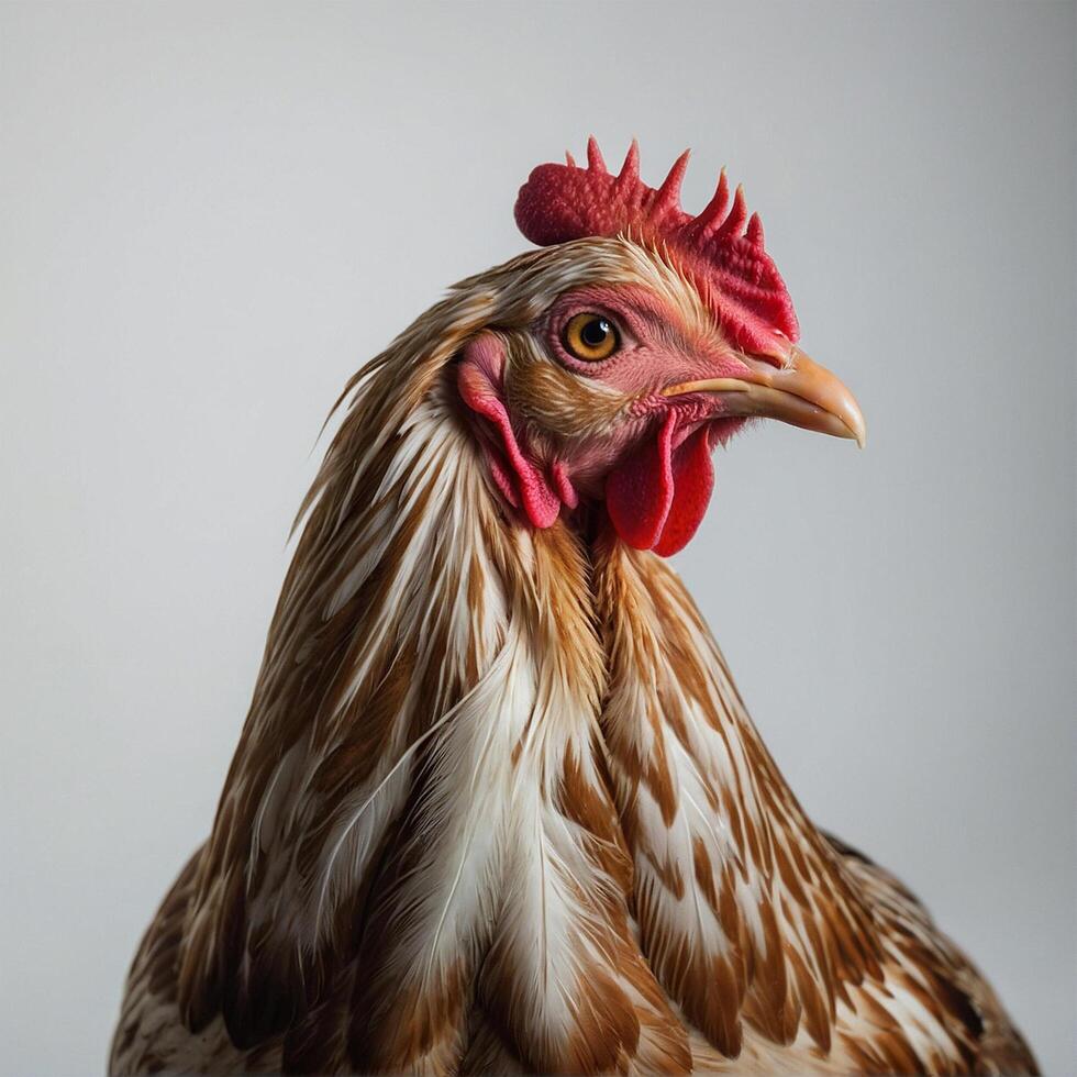 un cerca arriba de un gallo con un blanco y marrón cabeza foto