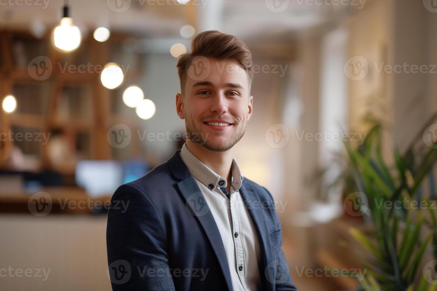 AI generated Smiling confident young businessman looking at camera standing in office photo