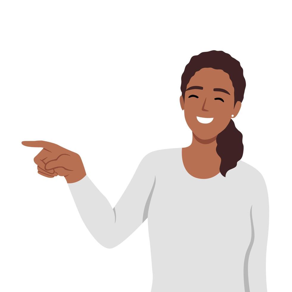 Young woman laughing while pointing left. vector