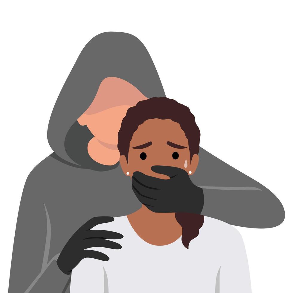 Abuse or domestic violence concept. The man covers the woman's mouth with his hand. vector