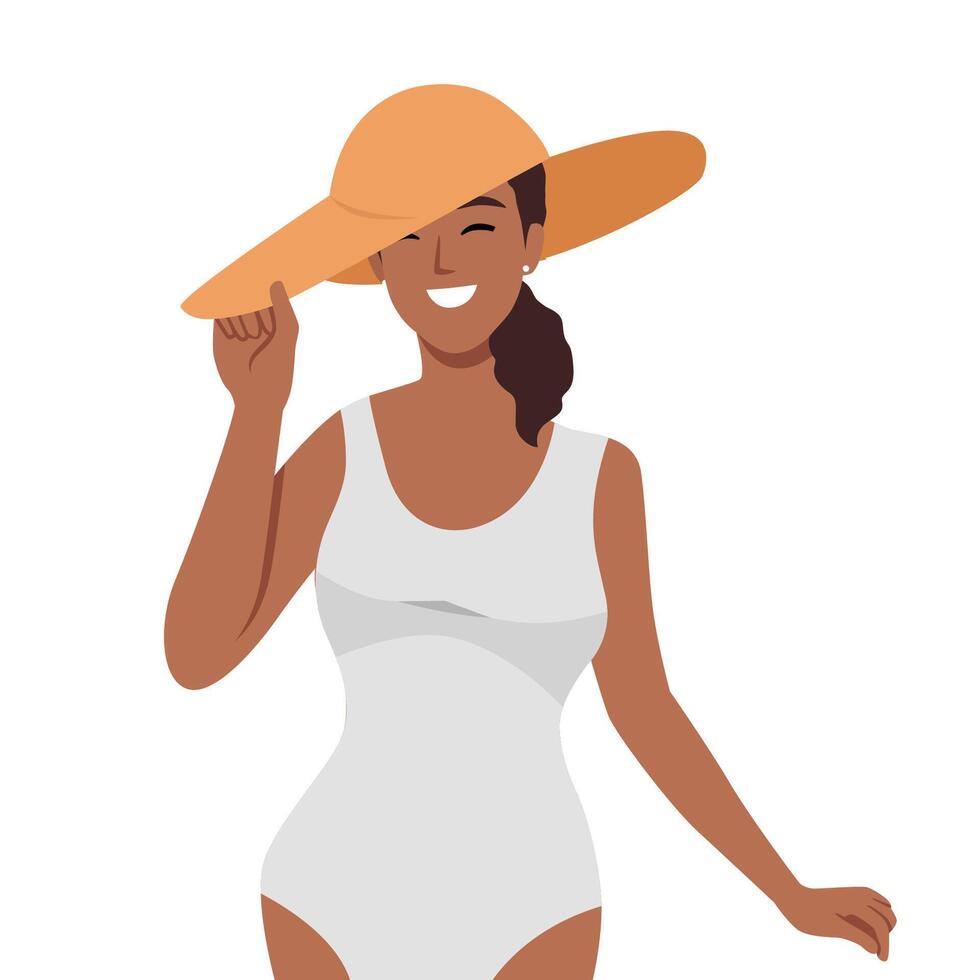 de moda mujer. hermosa joven mujer en verano ropa sostiene sombrero mano. elegante niña en Moda vestir vector