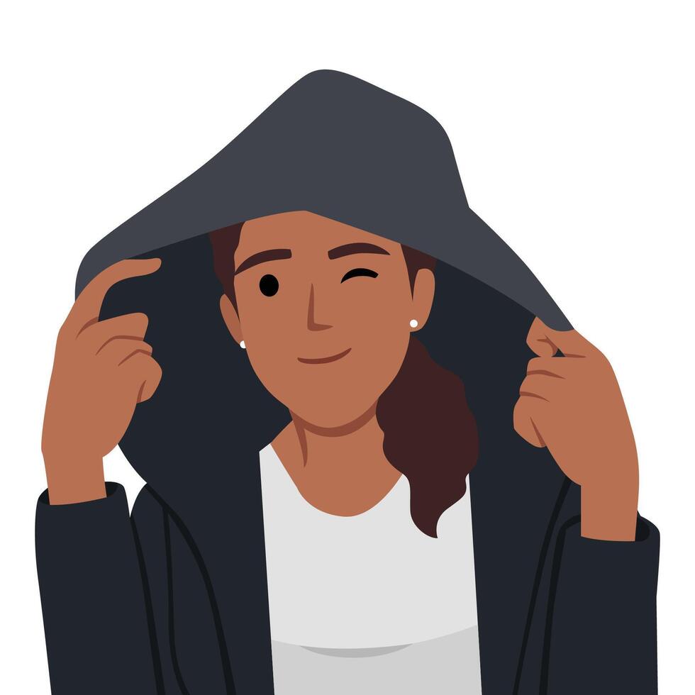 Young woman cartoon character standing wearing hoodie and casual clothes. vector