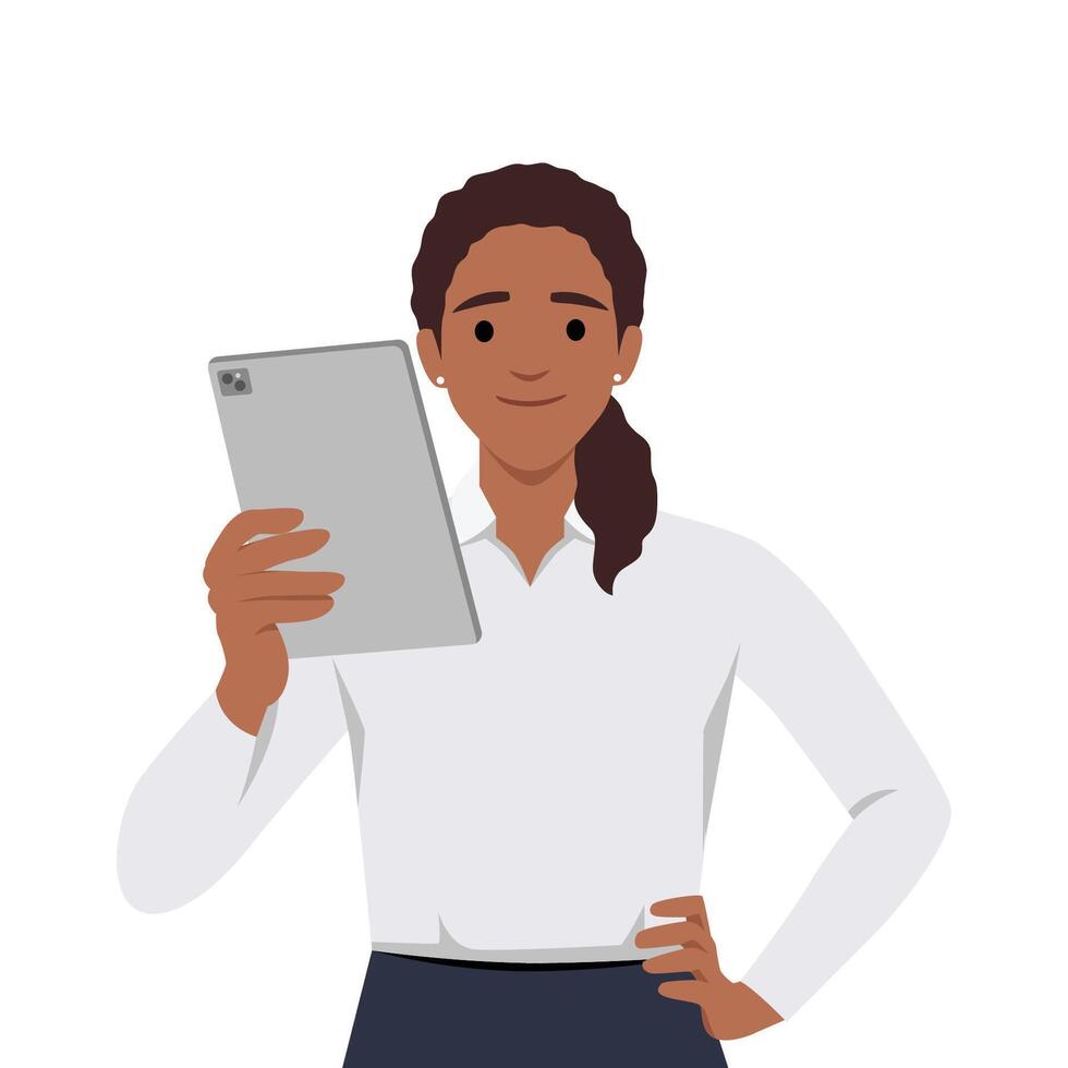 Young woman holds a tablet pc in her hand and another hand on waist vector