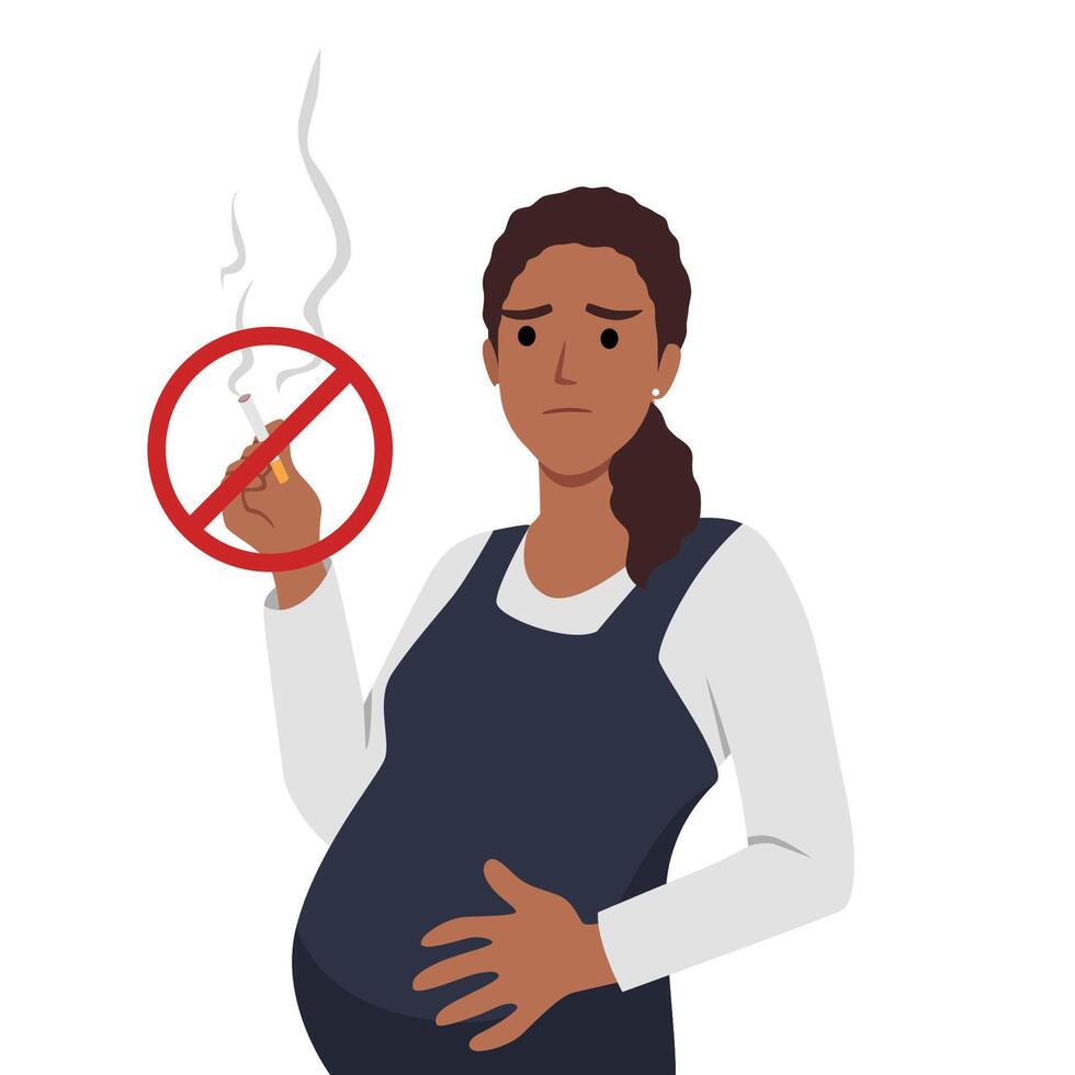 No smoking while pregnant concept. Pregnant woman inside no smoking sign in flat design. vector