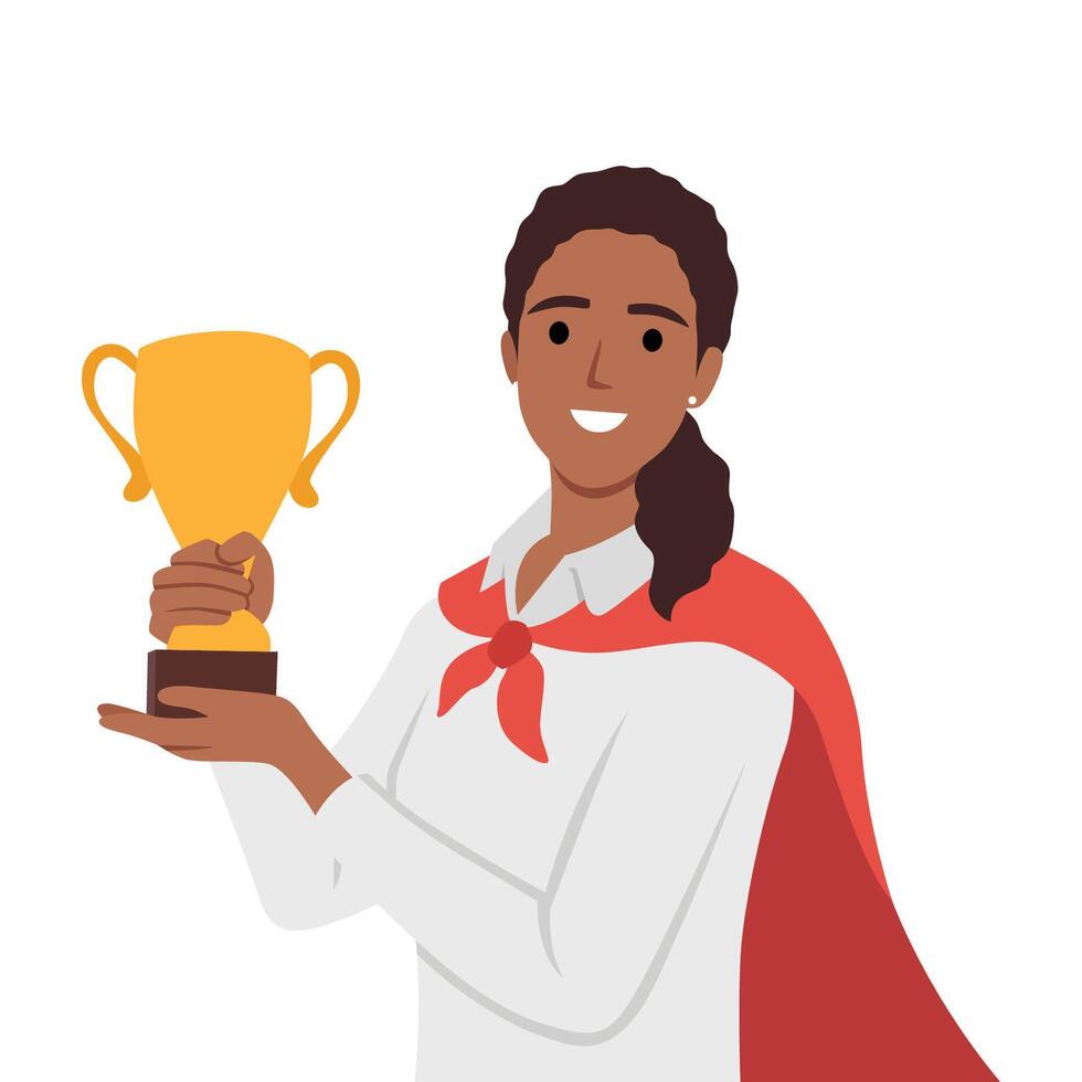 joven mujer en pedestal. contento trabajador teniendo excepcional actuación en trabajo, negocio, recompensado con un trofeo, honores, dinero. vector