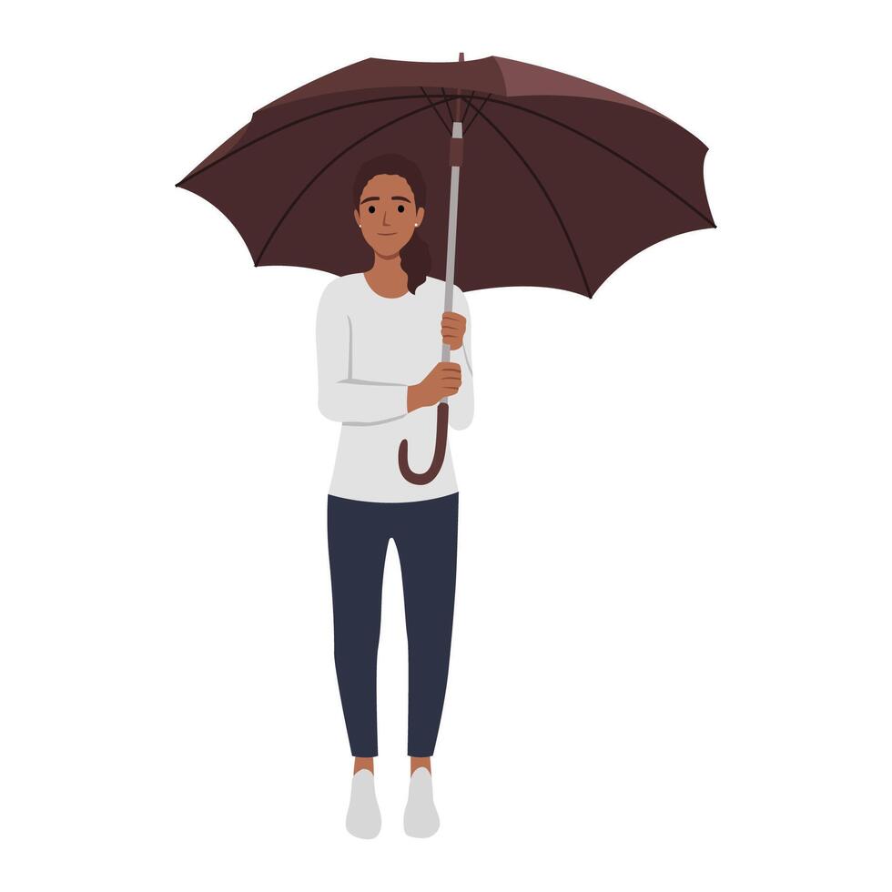 Beautiful young woman with umbrella. Standing looking front vector