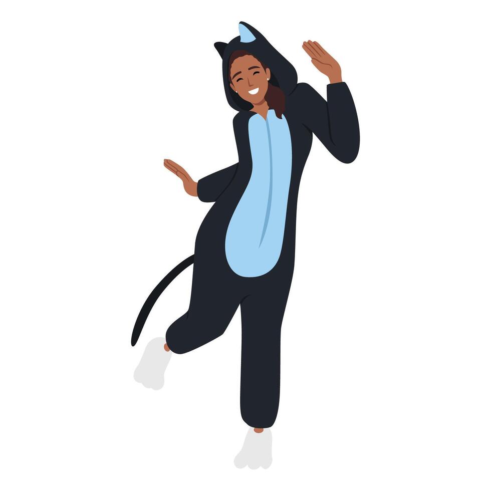 Young female wearing a cat costume. Funny cosplay outfit. vector