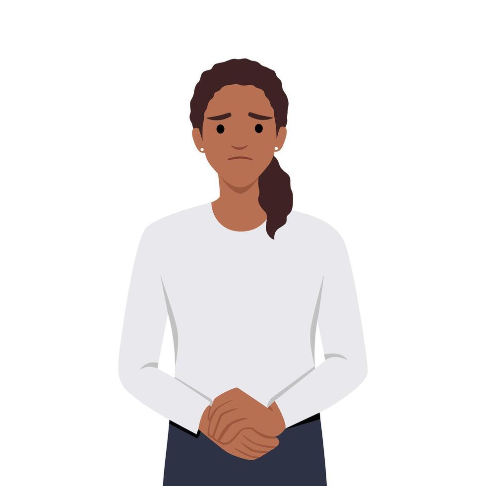 Young irritated frustrated woman cartoon character standing touching chick looking at camera vector