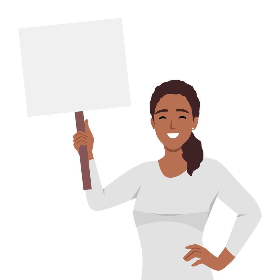 Young woman holding blank billboard with empty banner for copyspace advertising and announcement messages. vector